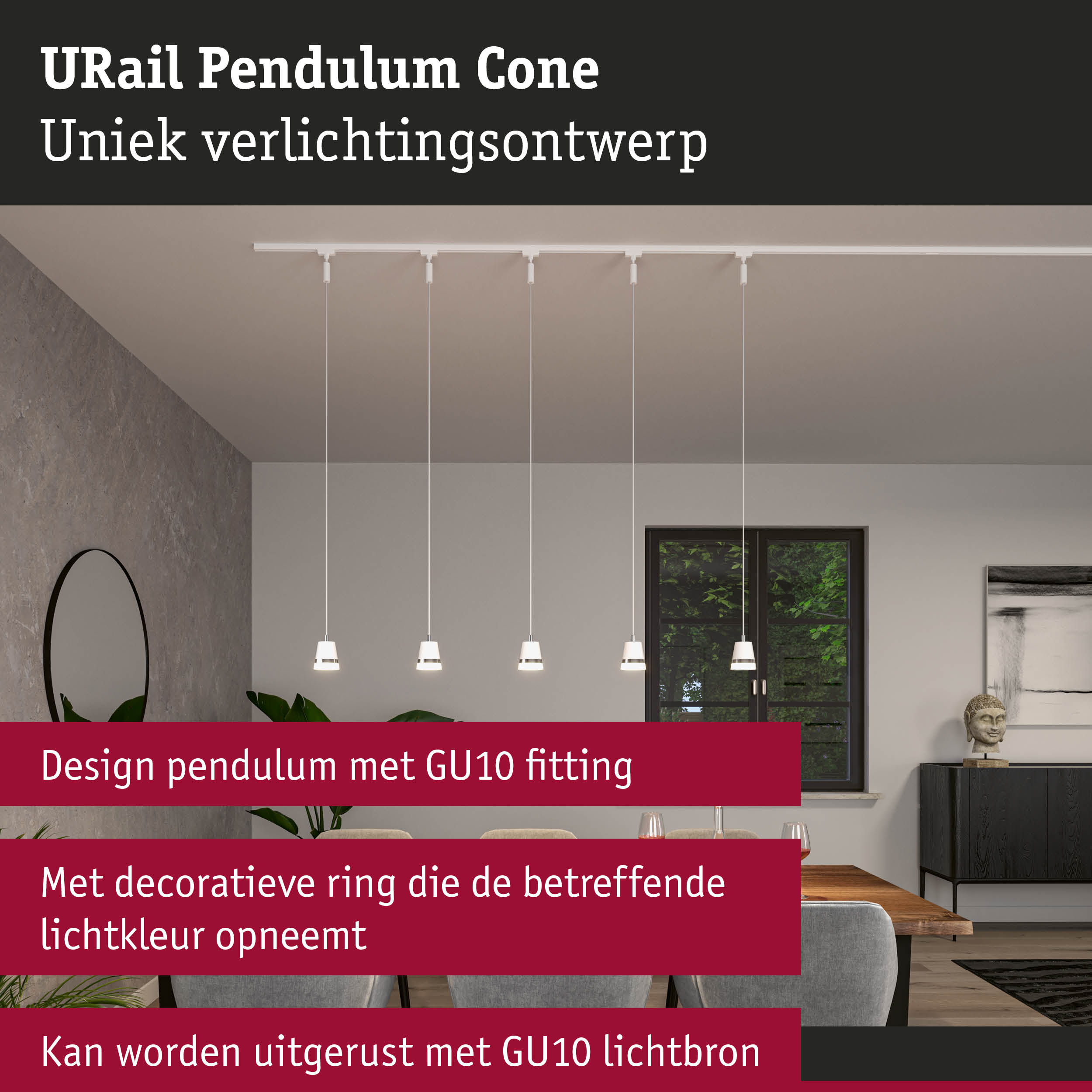 Moderne witte pendelverlichting met GU10-fitting aan witte rail in eetkamer met raam
