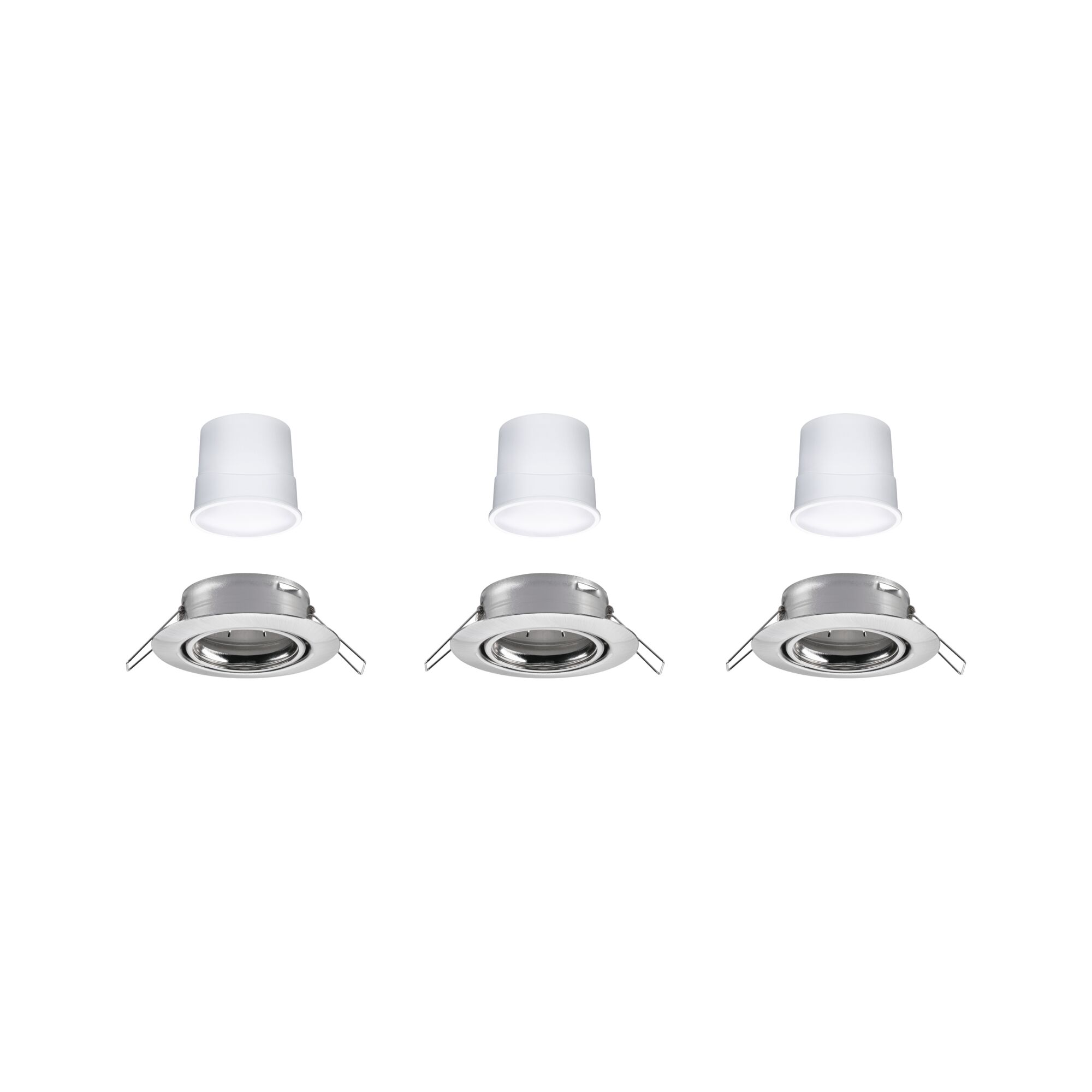 Three white LED inserts with round silver metal recessed frames for ceiling lighting