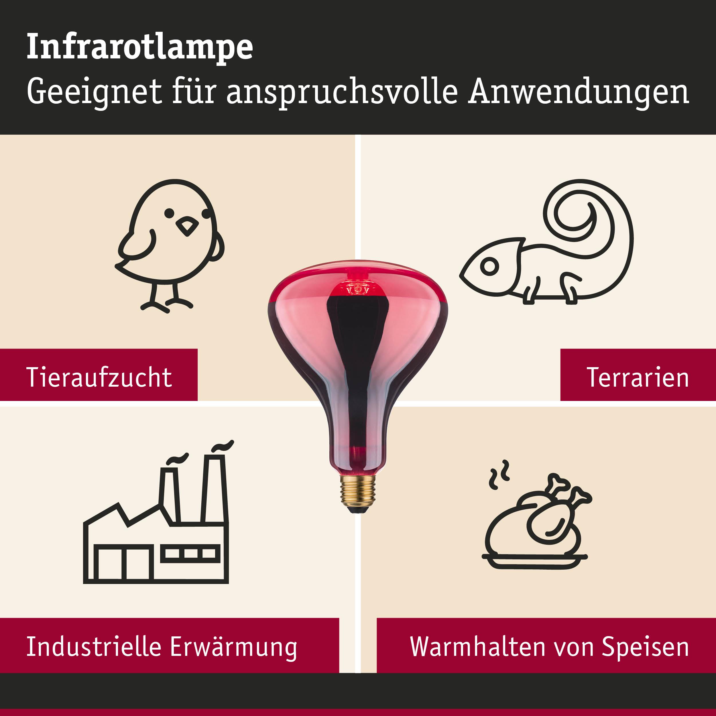 Rote Infrarotlampe aus Glas für Tieraufzucht, Terrarien, industrielle Erwärmung und Speisen warmhalten