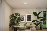 Plafonnier LED carré blanc dans un salon moderne avec plantes vertes et coin détente.