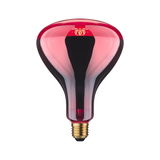 Red glass light bulb with gold screw base for decorative lighting and ambiance