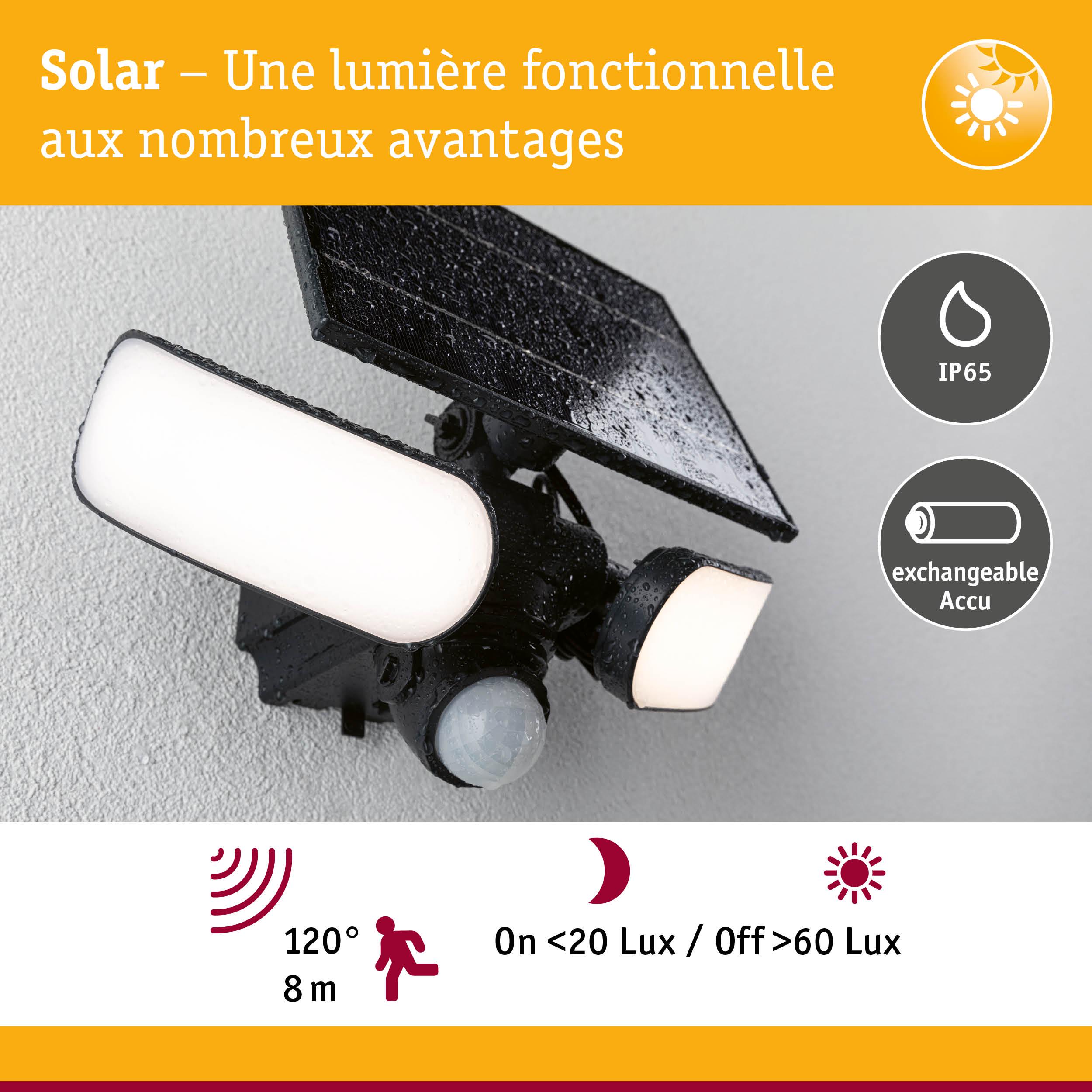 Lumière solaire noire extérieure avec détecteur de mouvement, indice IP65, batterie échangeable et angle de détection de 120°