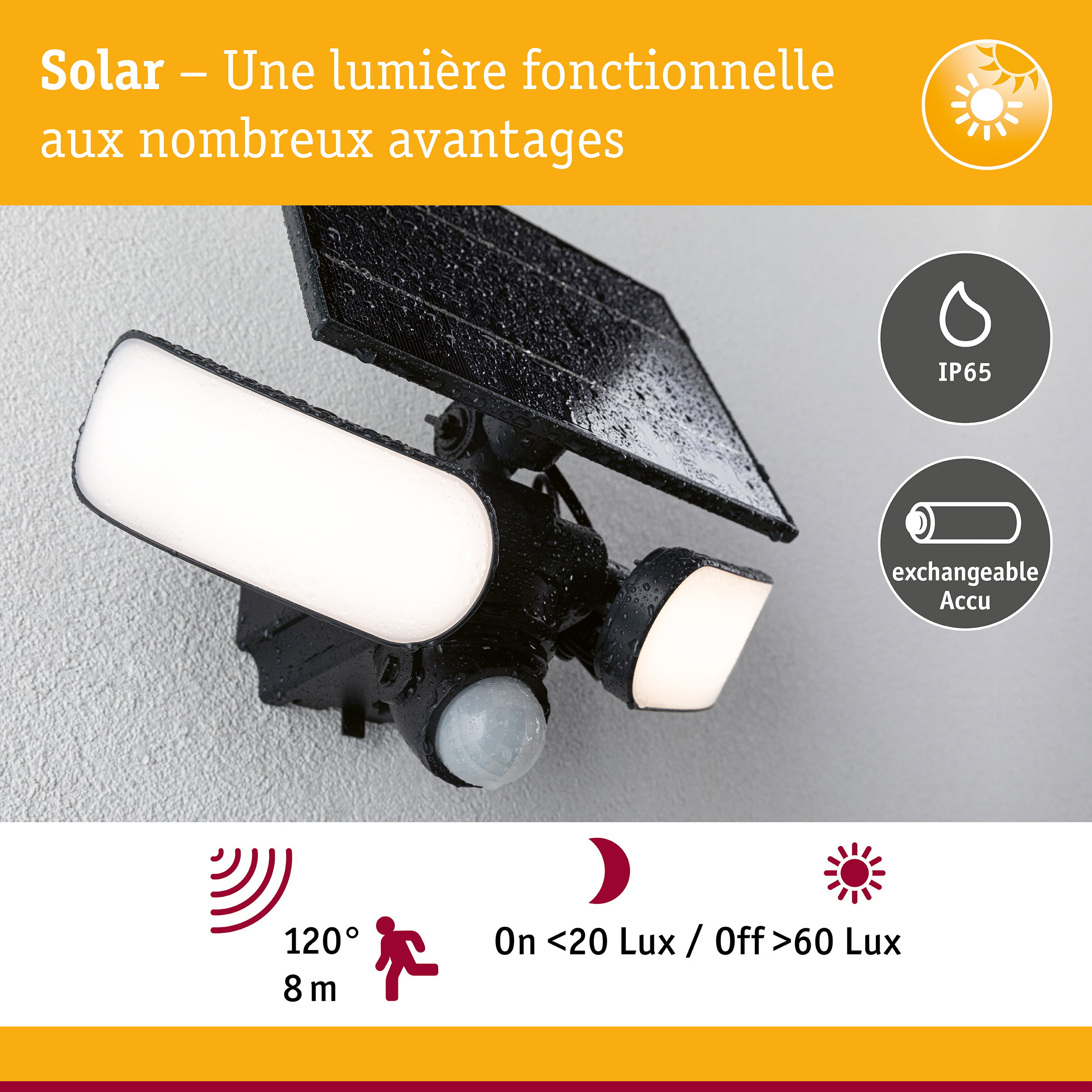 Éclairage extérieur solaire noir avec protection IP65, batterie rechargeable et détecteur de mouvement pour jardin