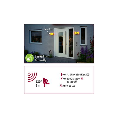 Insect-friendly outdoor wall light with sensor emitting warm yellow light for entrance with motion detection.