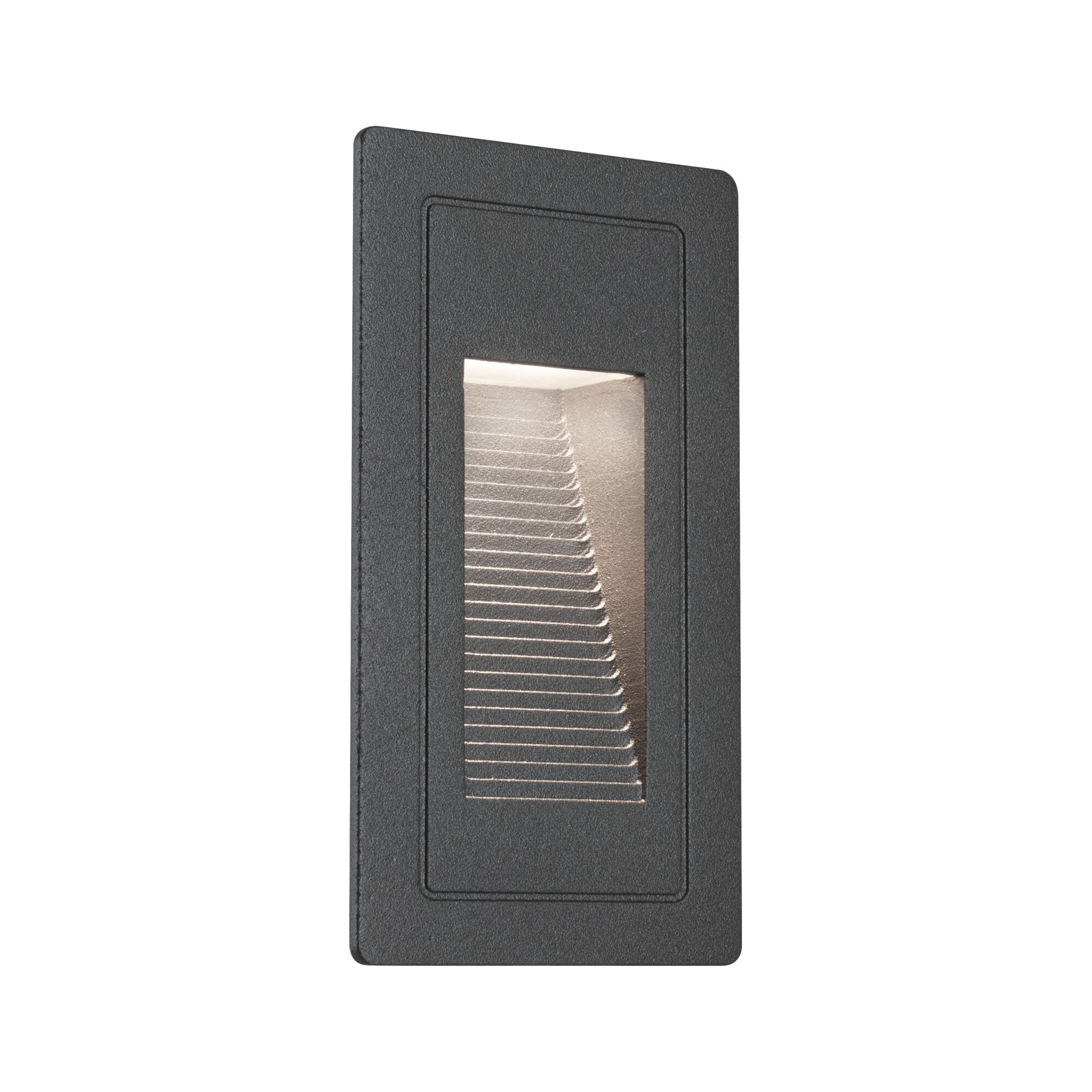 Rechthoekige zwarte metalen LED-wandlamp met trapvormige lichtopening voor accentverlichting