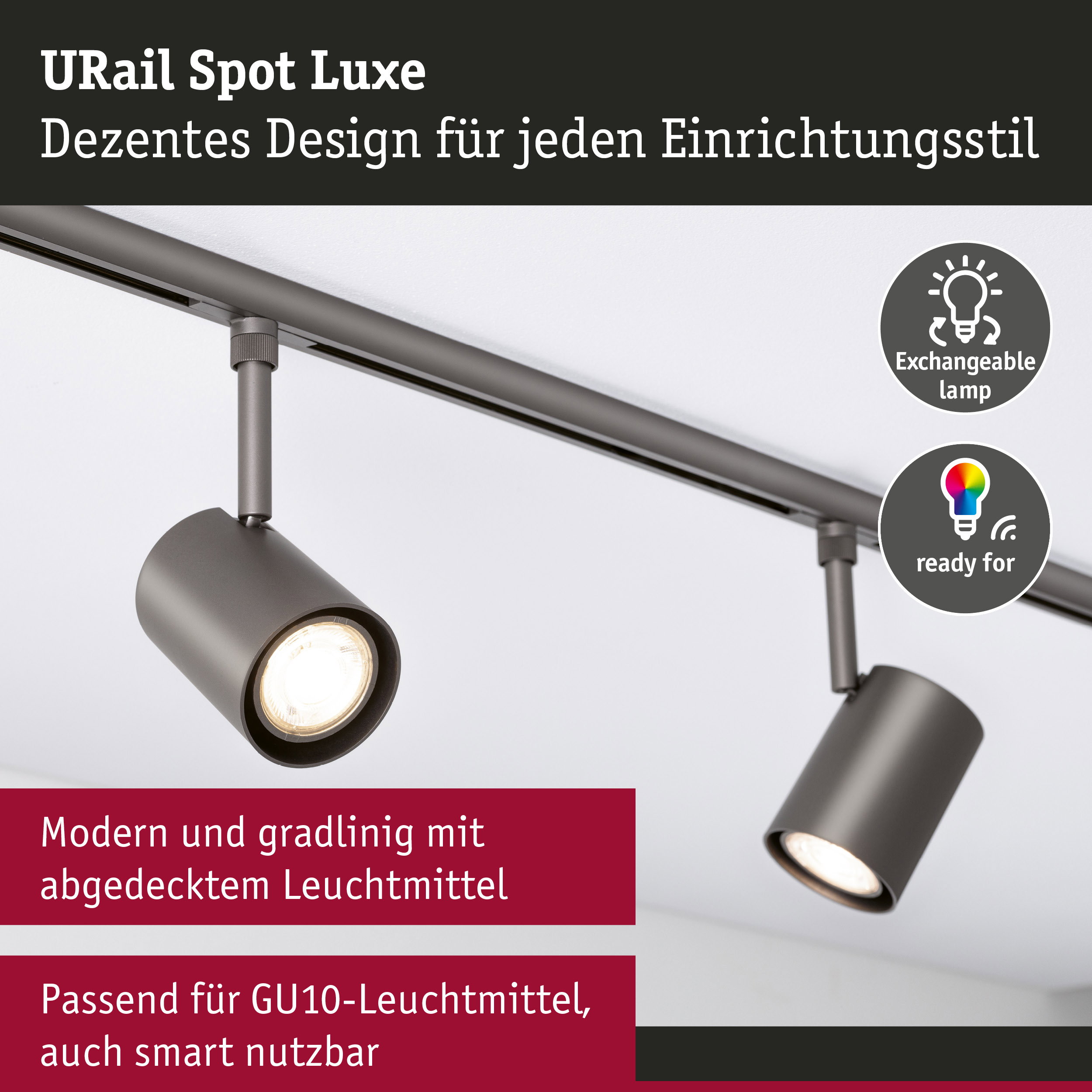 URail Schienenspot Luxe GU10 max. 10W dimmbar 230V Titanium