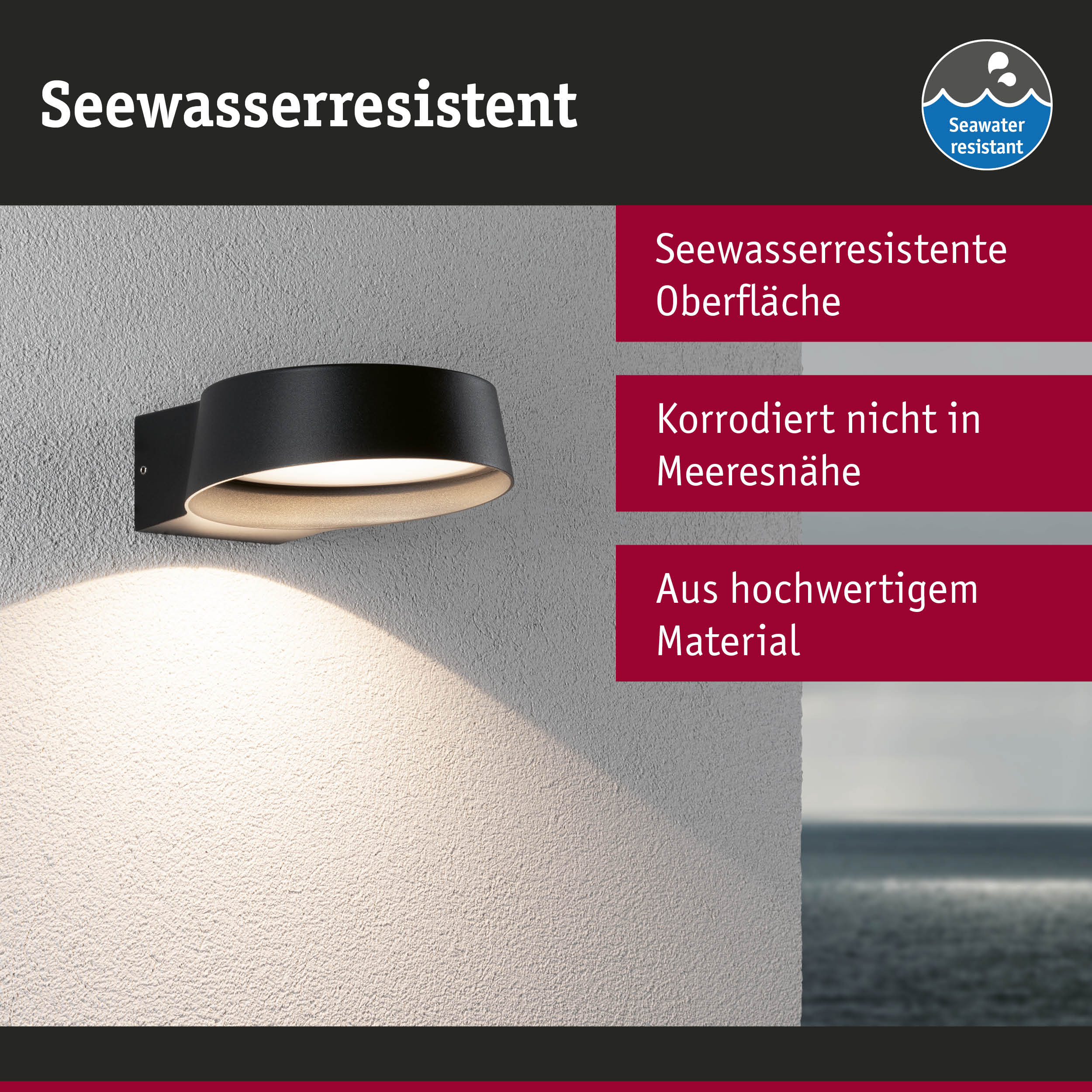 Schwarze Wandlampe mit seewasserresistenter Oberfläche aus hochwertigem Material für Außenbeleuchtung