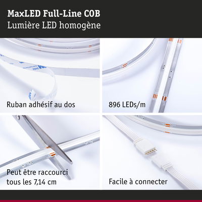 Bande LED MaxLED Full-Line COB avec 896 LEDs/m, ruban adhésif, coupable tous les 7,14 cm, facile à connecter