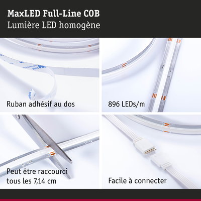 Bande LED MaxLED Full-Line COB avec 896 LEDs/m, ruban adhésif, coupable tous les 7,14 cm, facile à connecter