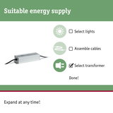 Silver aluminium transformer with cables for LED lighting, suitable energy supply selection guide