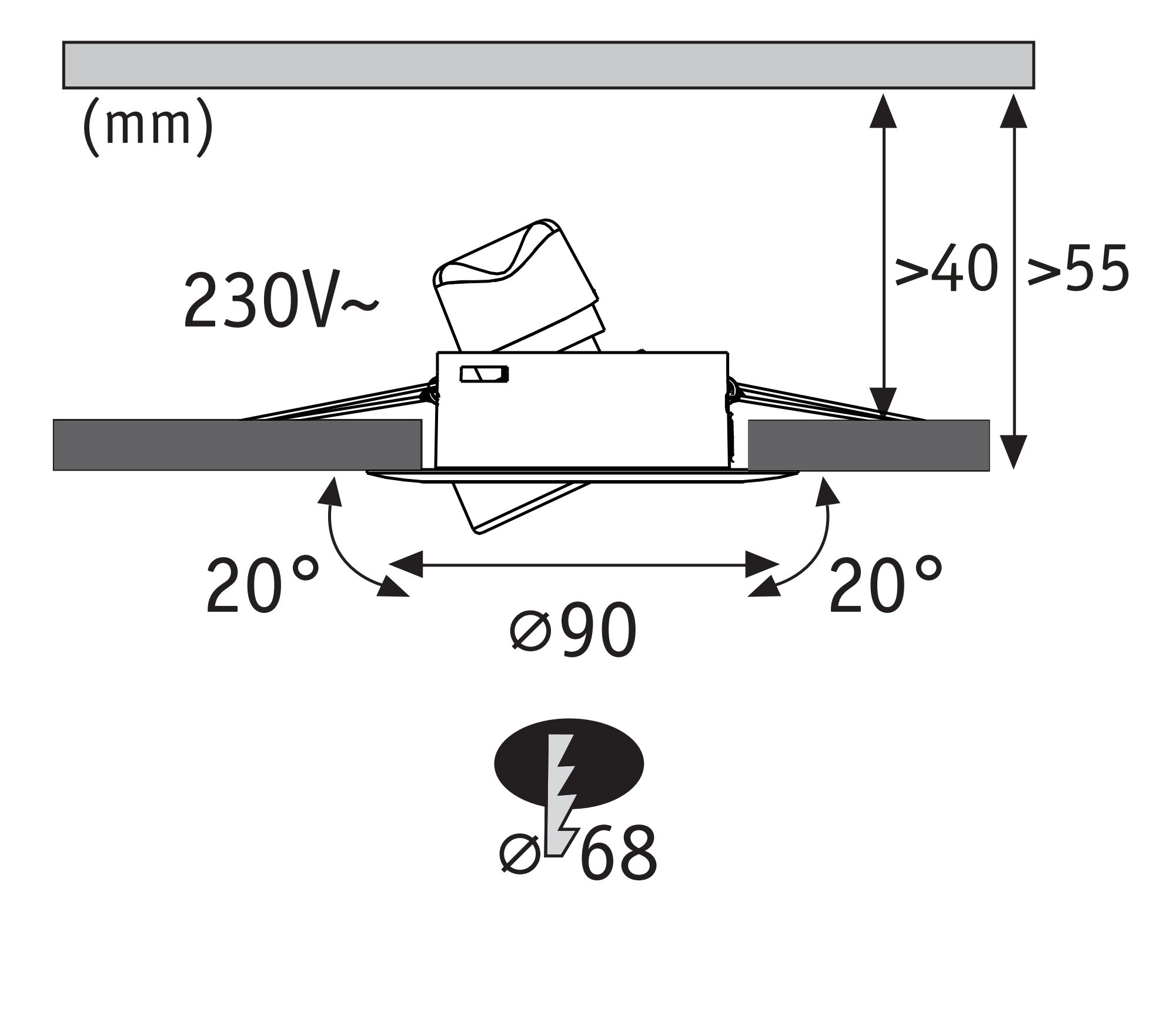 Technical drawing of recessed spotlight with 90 mm diameter and 230V voltage