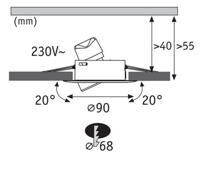 Technical drawing of recessed spotlight with 90 mm diameter and 230V voltage
