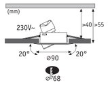 Technical drawing of recessed spotlight with 90 mm diameter and 230V voltage