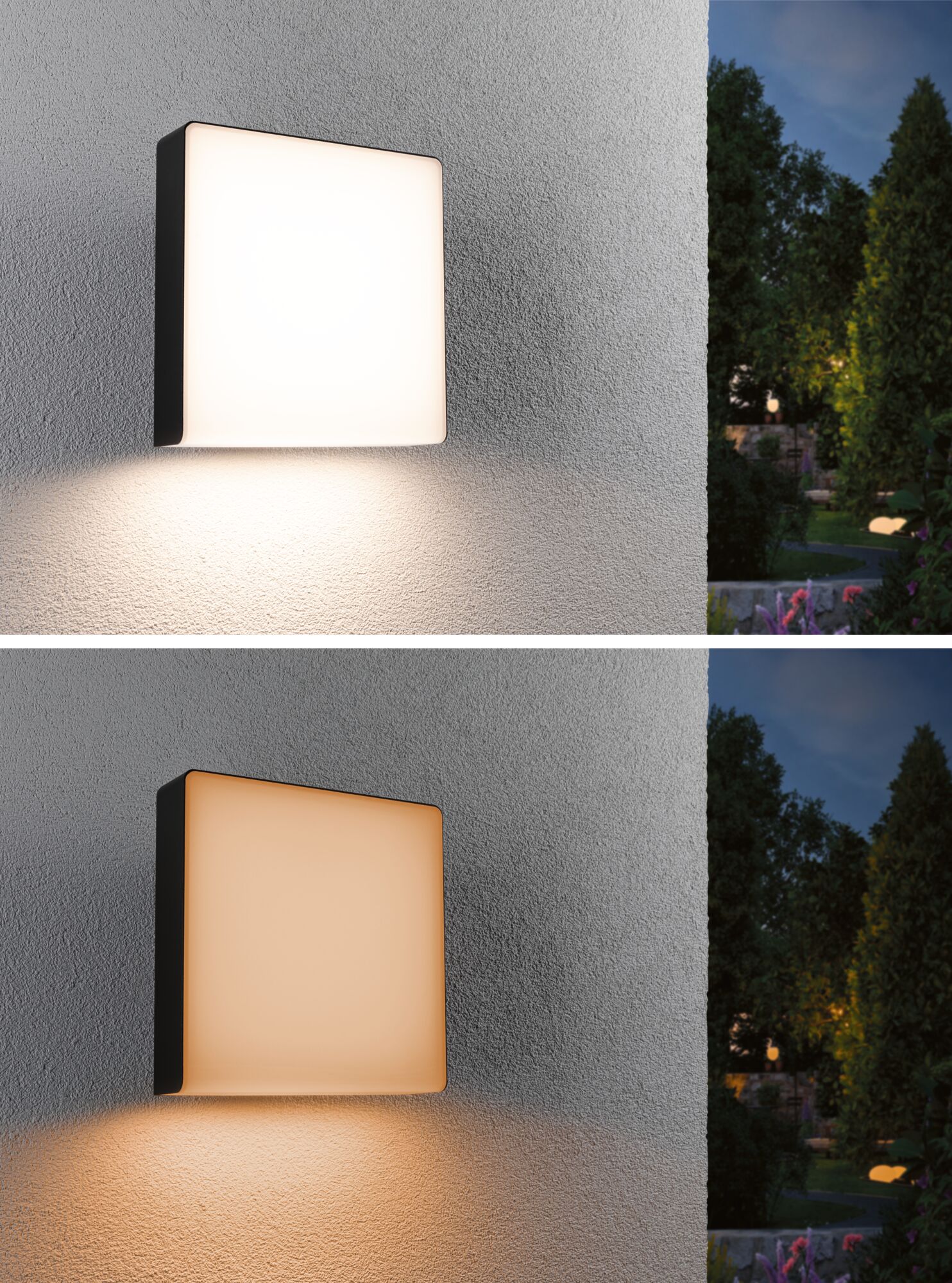Square outdoor wall light with black frame emitting warm and cool white light for garden lighting