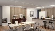 Moderne eetkamer met witte tafel, zwarte stoelen en minimalistische LED-plafondlampen in hout- en wittonen