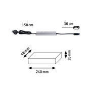Alimentation LED en aluminium avec câble noir et prise, dimensions 240x48x35 mm, câble de 150 cm