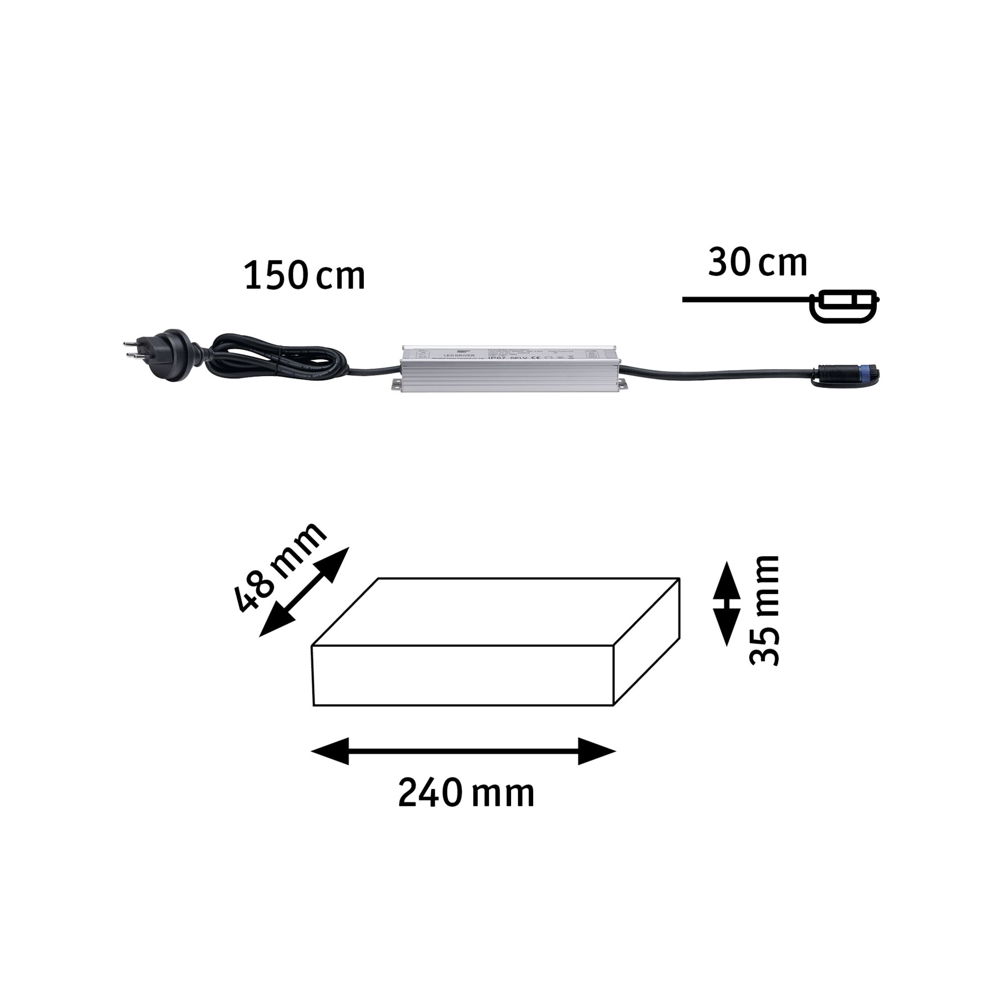 Alimentation LED en aluminium avec câble noir et prise, dimensions 240x48x35 mm, câble de 150 cm