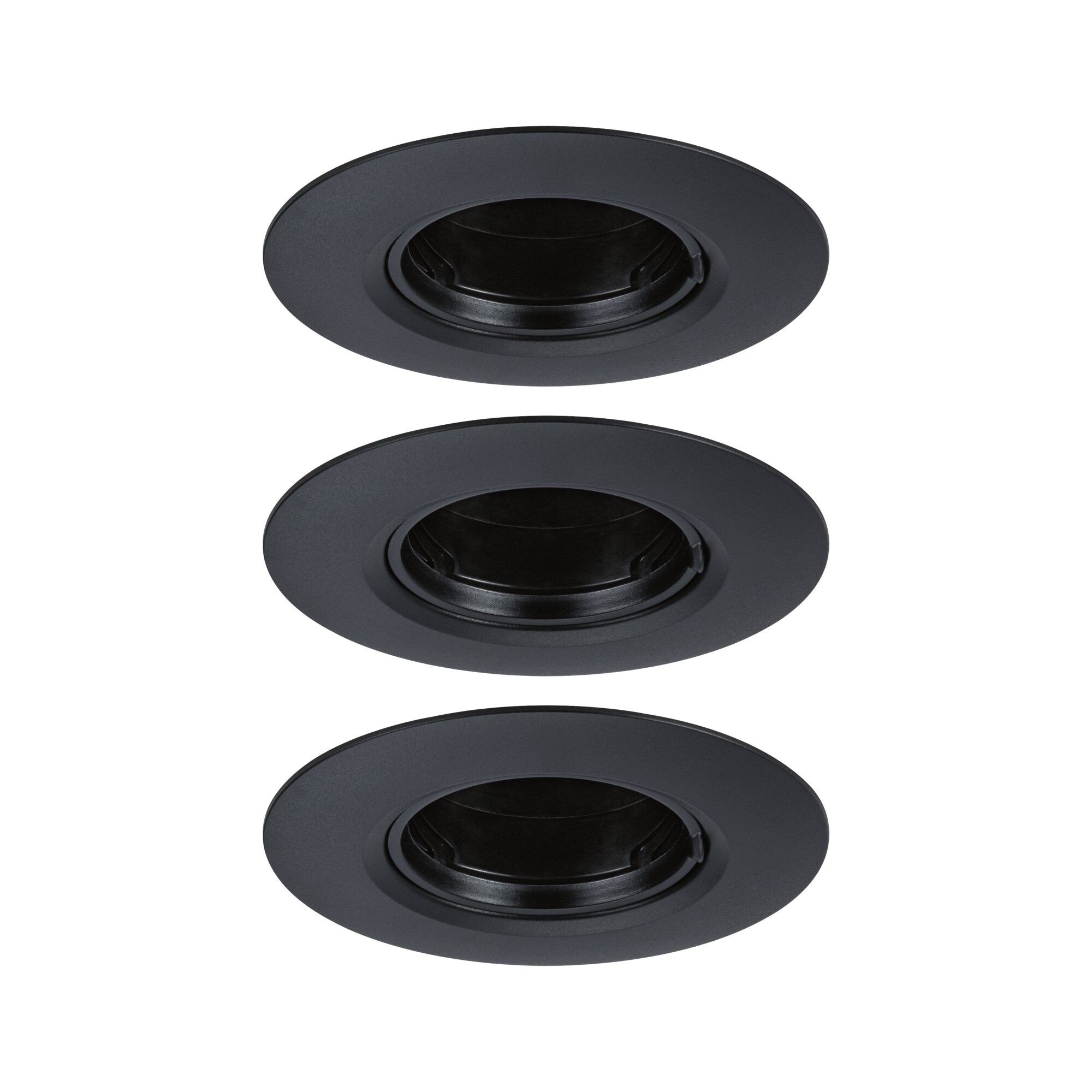 Drie zwarte metalen inbouwframes voor LED-spots, minimalistisch ontwerp voor plafondverlichting