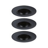 Drie zwarte metalen inbouwframes voor LED-spots, minimalistisch ontwerp voor plafondverlichting