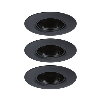 Drie zwarte metalen inbouwframes voor LED-spots, minimalistisch ontwerp voor plafondverlichting