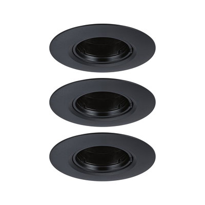 Drie zwarte metalen inbouwframes voor LED-spots, minimalistisch ontwerp voor plafondverlichting