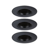 Drie zwarte metalen inbouwframes voor LED-spots, minimalistisch ontwerp voor plafondverlichting
