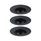 Three black metal recessed frames for LED spots, minimalist design for ceiling lighting
