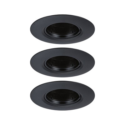 Three black metal recessed frames for LED spots, minimalist design for ceiling lighting