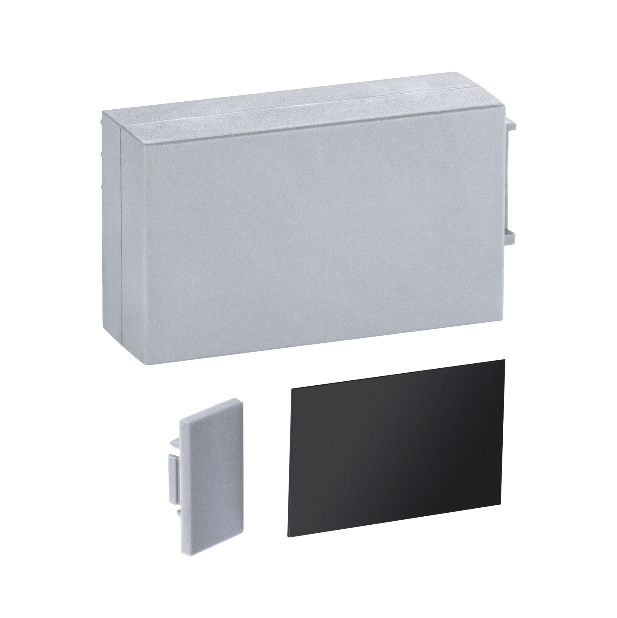 Grey plastic enclosure with black cover for electrical components, protective housing