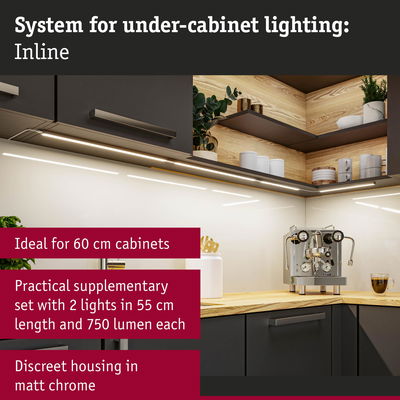 Matt chrome under-cabinet lighting system ideal for 60 cm cabinets with two 750 lumen LED lights