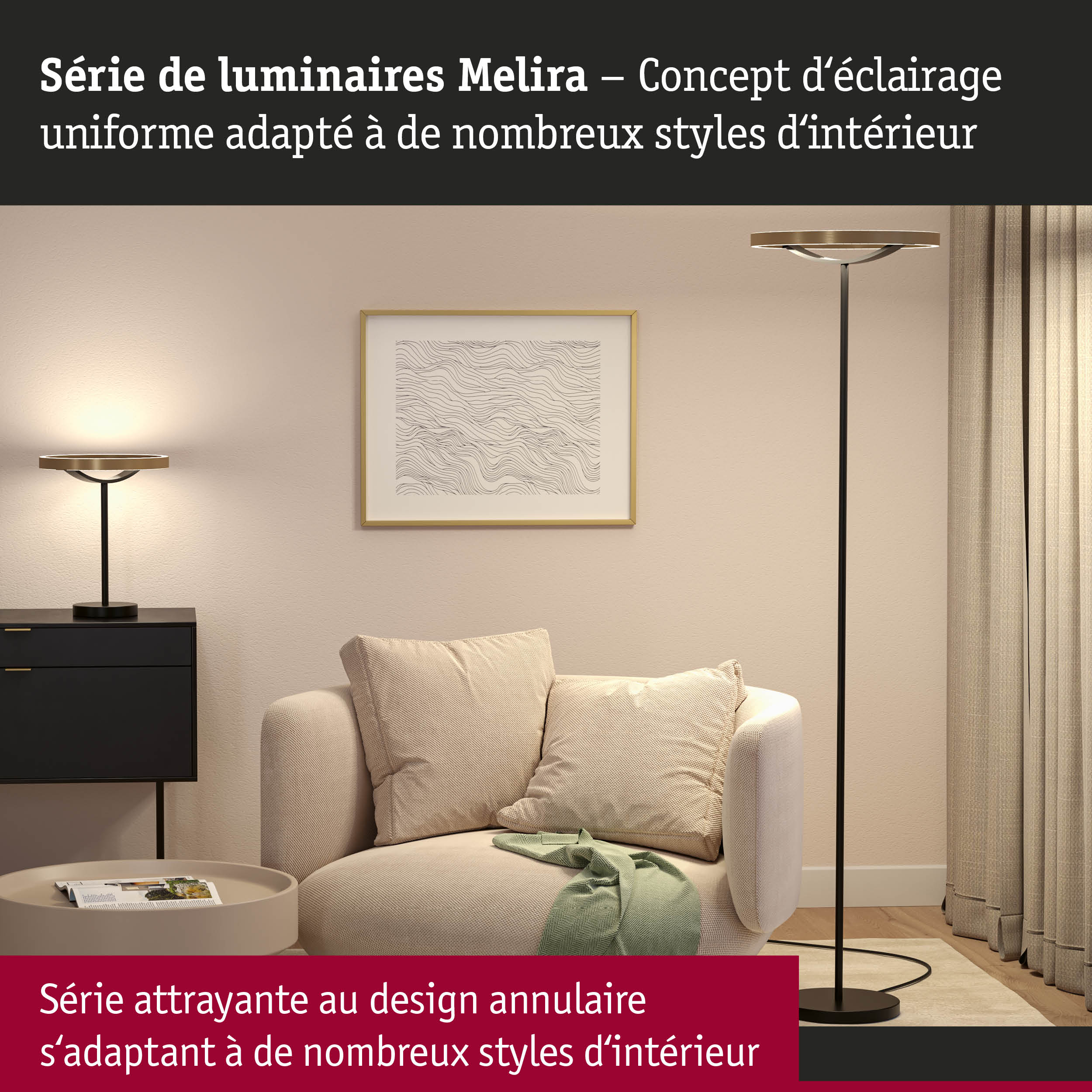 Lampadaire Melira au design annulaire noir et or pour un éclairage moderne du salon