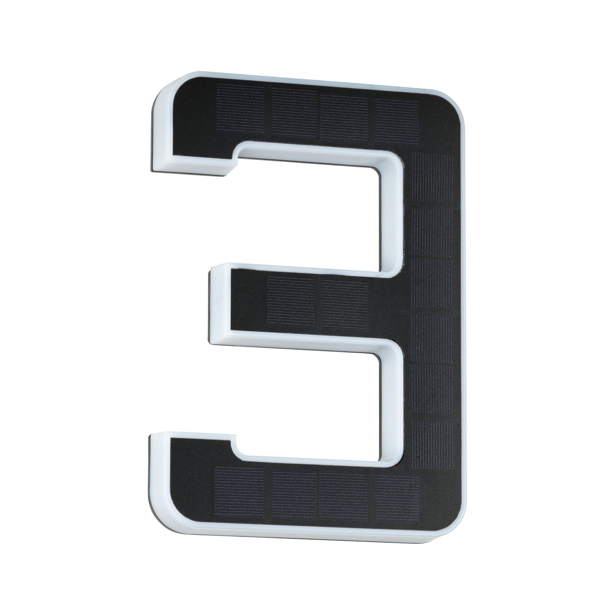 Solar-powered house number 3 in black and white plastic for outdoor lighting and visibility