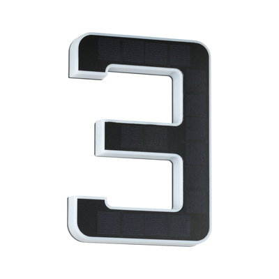 Solar-powered house number 3 in black and white plastic for outdoor lighting and visibility