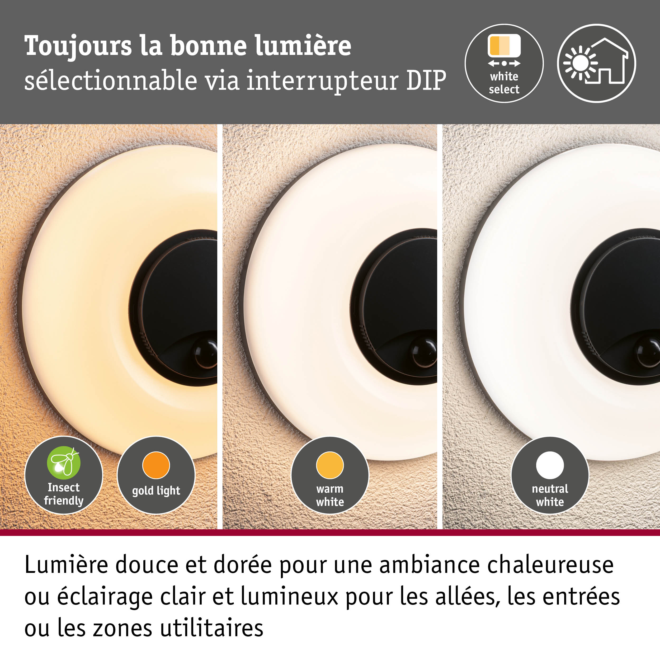Applique d'extérieur LED Aureva incl. détecteur de mouvement IP65 rond 220mm 2200 - 4000K 20,5W 1630lm 230V Anthracite/Blanc Polycarbonate