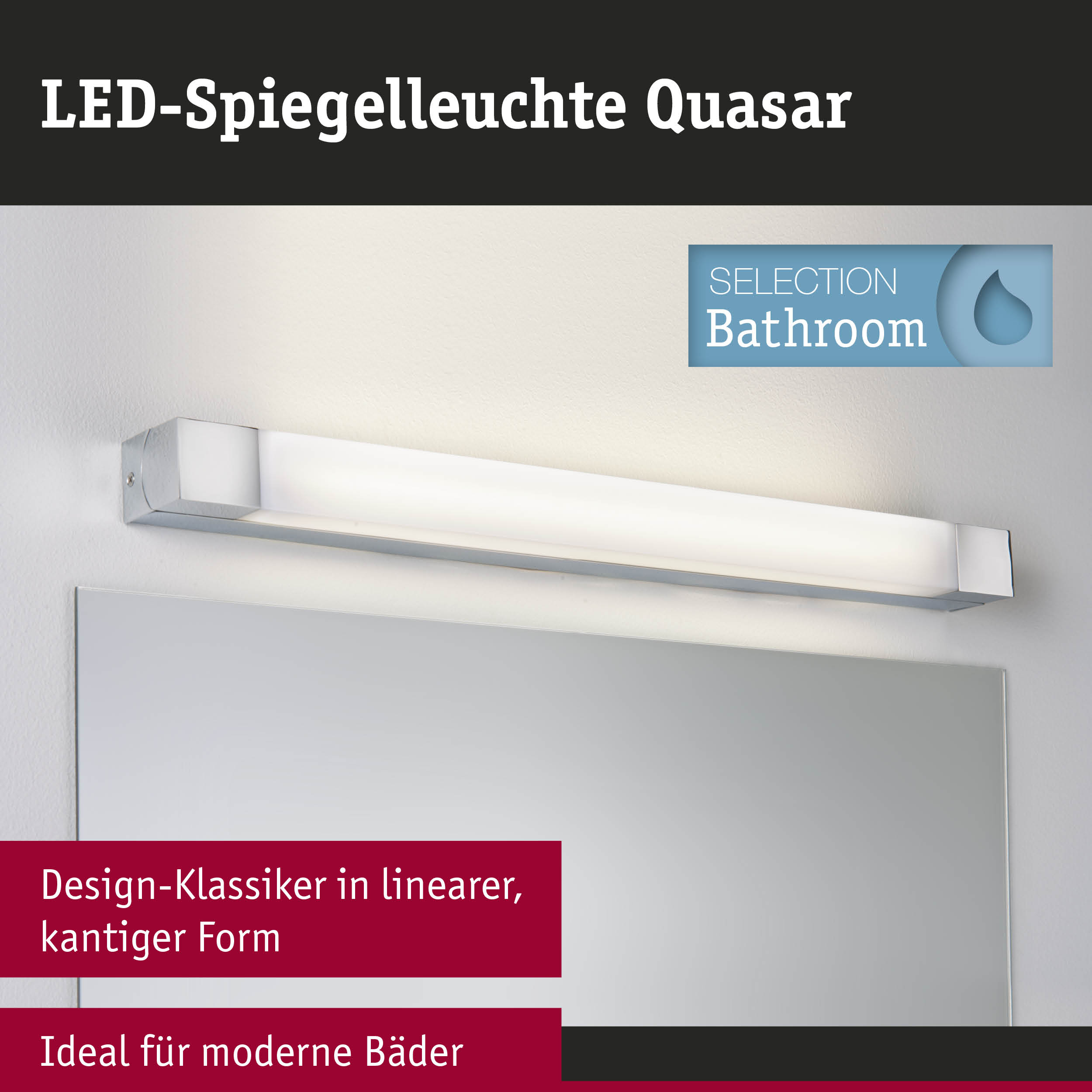 LED-Spiegelleuchte Quasar in chromfarbenem Metall für moderne Badezimmerbeleuchtung