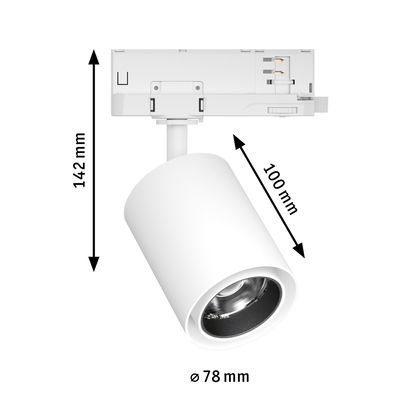 Weißer LED-Strahler aus Metall mit 142 mm Höhe und 78 mm Durchmesser für Schienensysteme