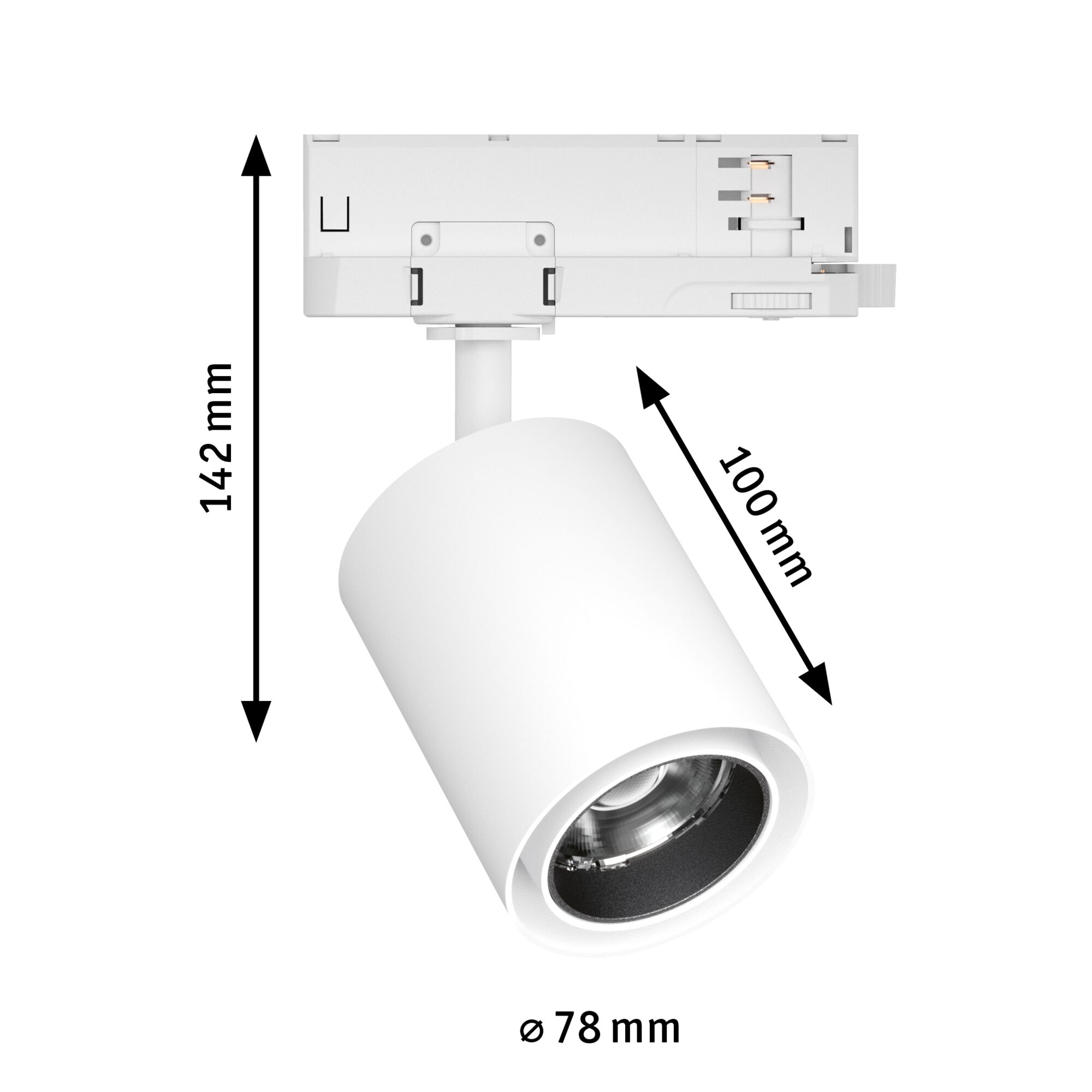 White metal LED spotlight with 142 mm height and 78 mm diameter for track lighting systems