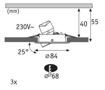 Technische Zeichnung eines einstellbaren Einbaustrahler mit 84 mm Durchmesser und 25 Grad Neigung