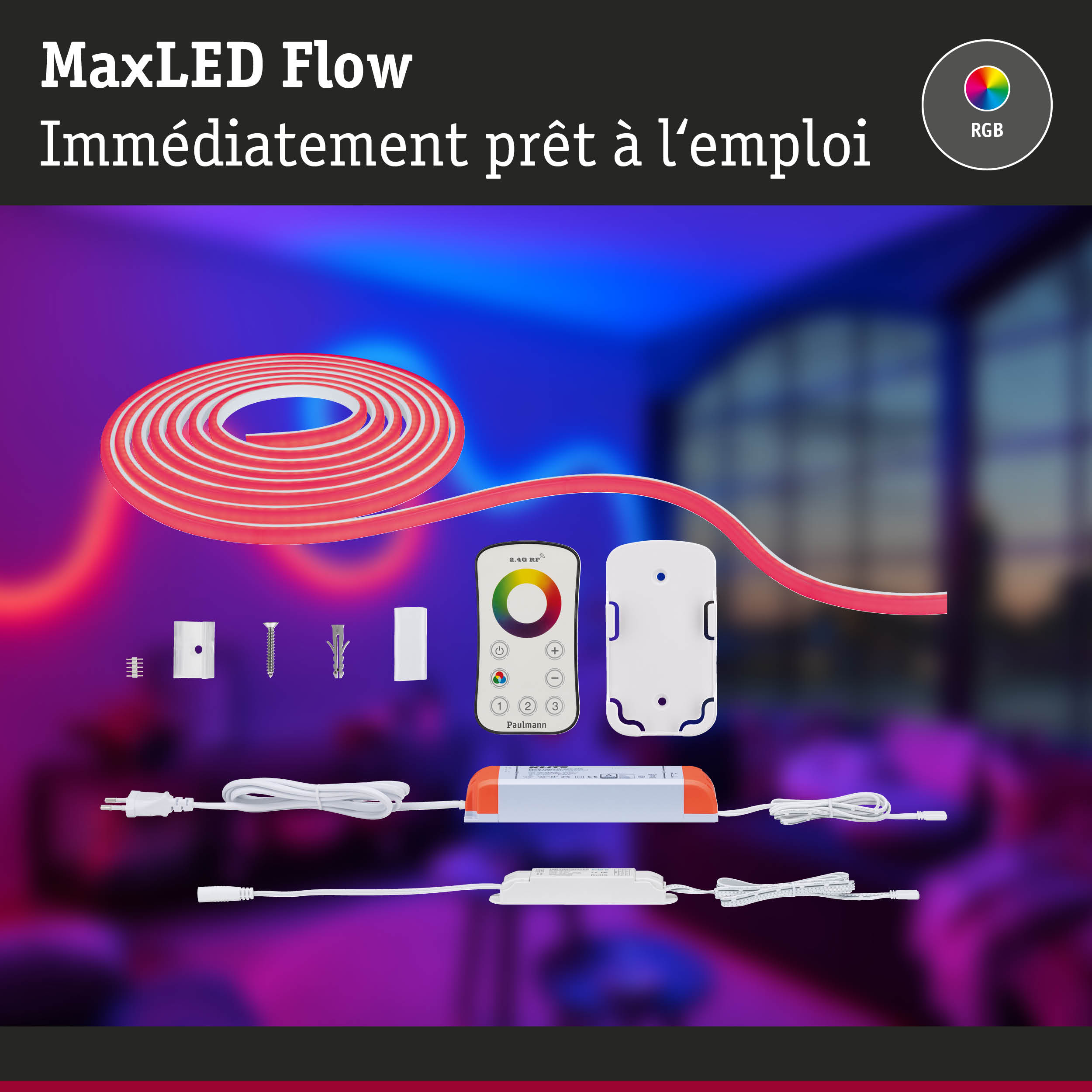 Bande LED MaxLED Flow RGB avec télécommande et accessoires pour contrôle d'éclairage coloré