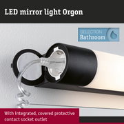 Black LED mirror light Orgon with integrated covered protective socket outlet for bathroom use
