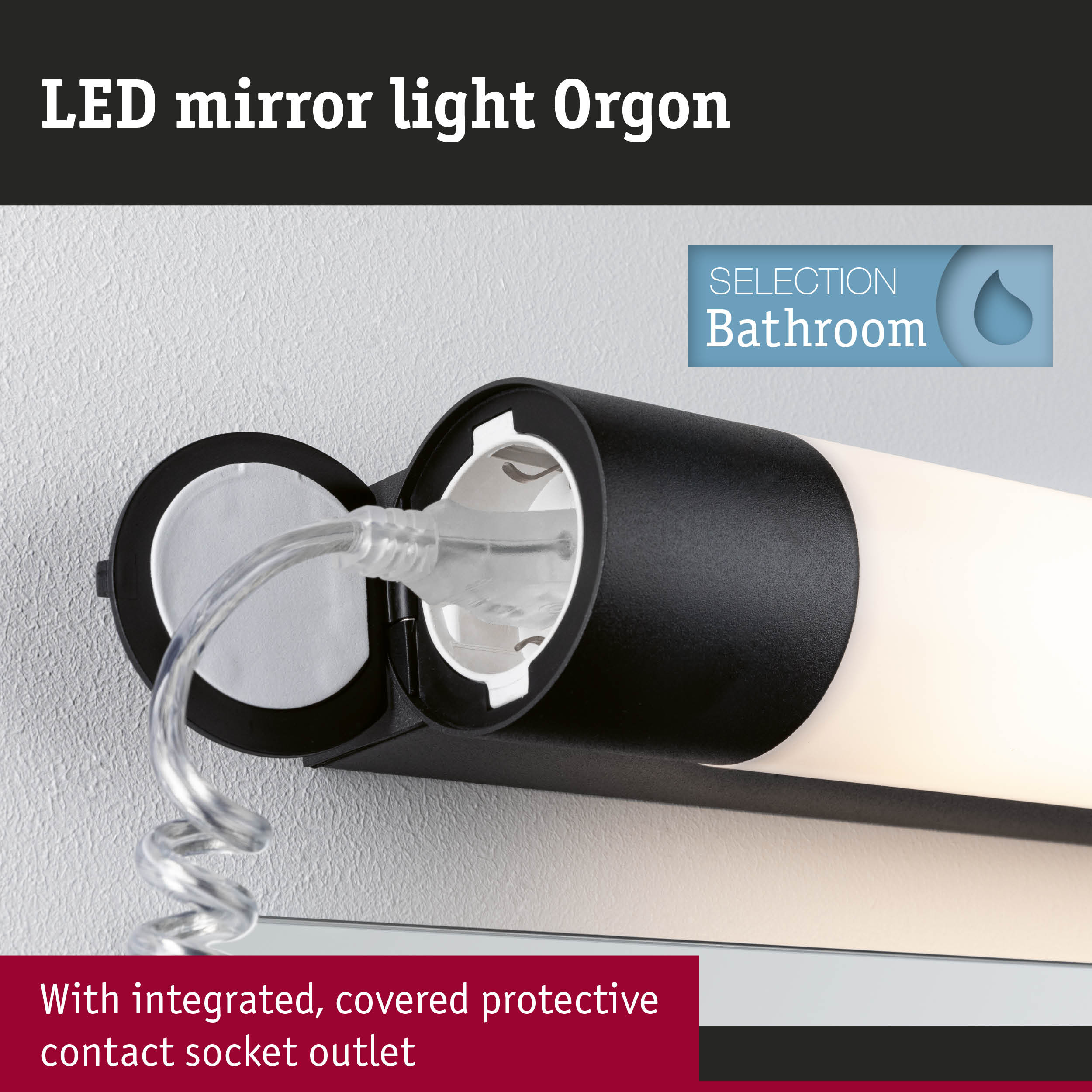 Black LED mirror light Orgon with integrated covered protective socket outlet for bathroom use