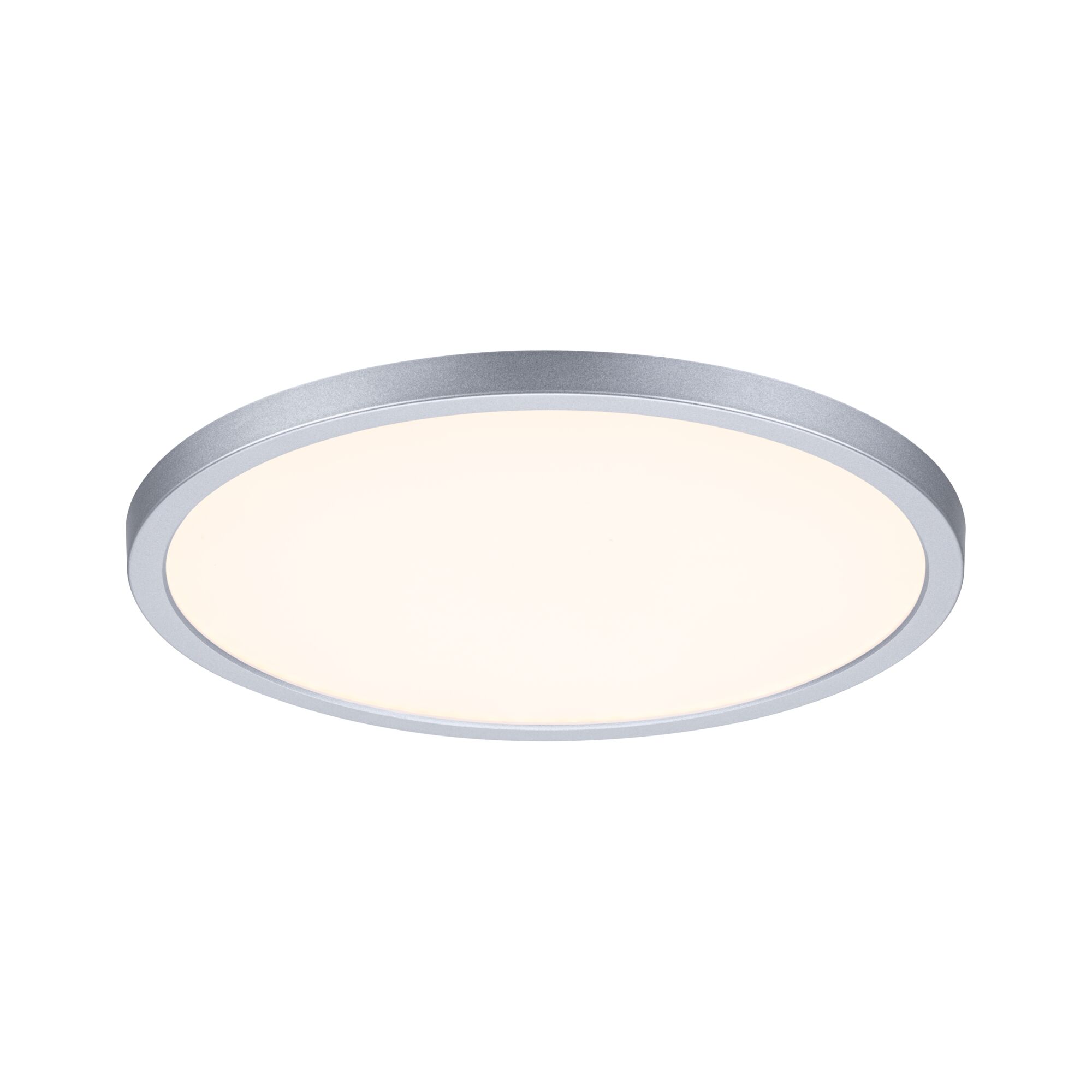 Round LED ceiling light with silver aluminum frame and warm white light for modern interiors