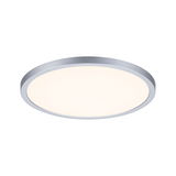 Round LED ceiling light with silver aluminum frame and warm white light for modern interiors
