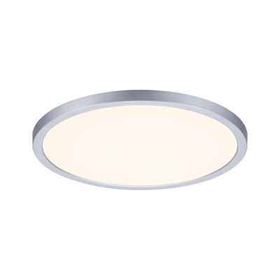 Round LED ceiling light with silver aluminum frame and warm white light for modern interiors