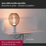 Applique murale avec câble textile amovible et abat-jour en métal ajouré diffusant une lumière chaude