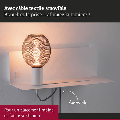 Applique murale avec câble textile amovible et abat-jour en métal ajouré diffusant une lumière chaude