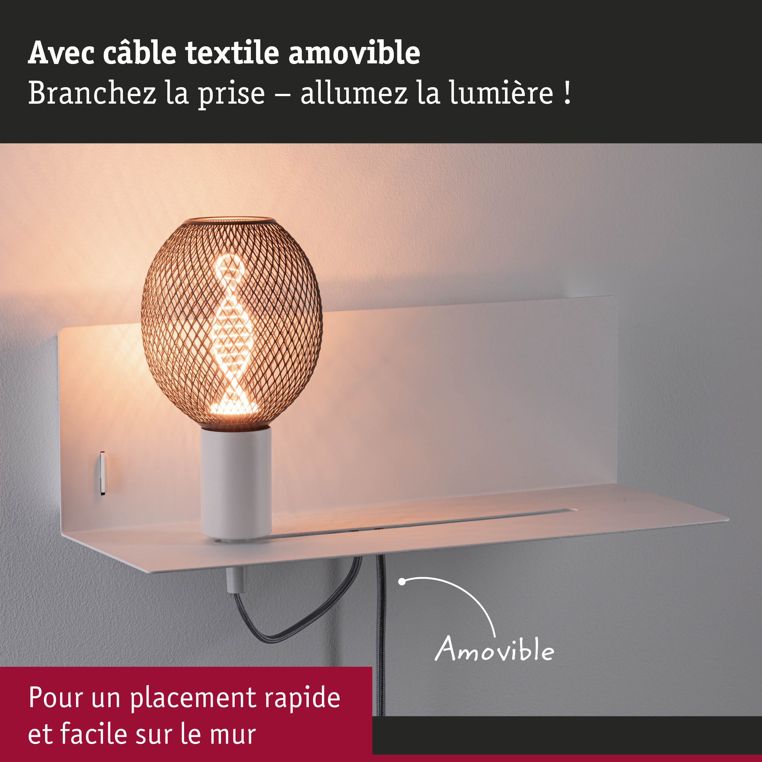 Lampe murale moderne avec câble textile amovible et abat-jour en métal diffusant une lumière chaude