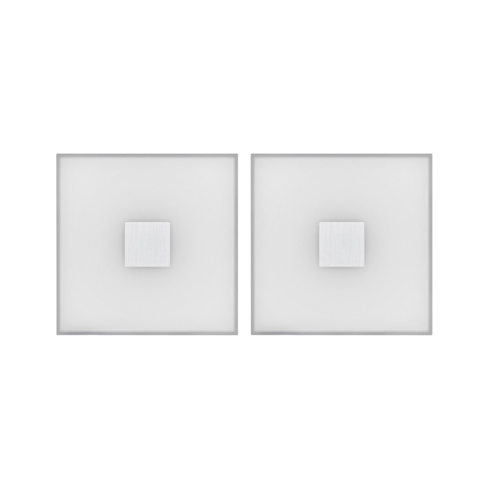 Two square LED wall lights with white glass and aluminum center for modern lighting design