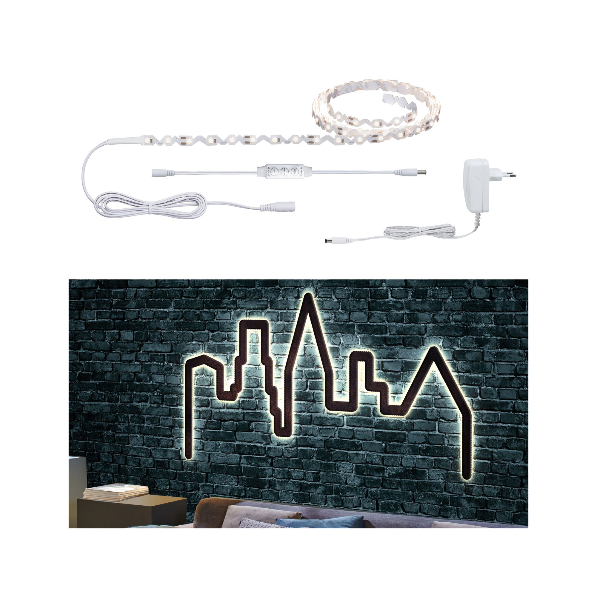 LED-Lichtstreifen mit weißem Kabel und Fernbedienung, beleuchtet Skyline-Wanddeko in warmweißem Licht