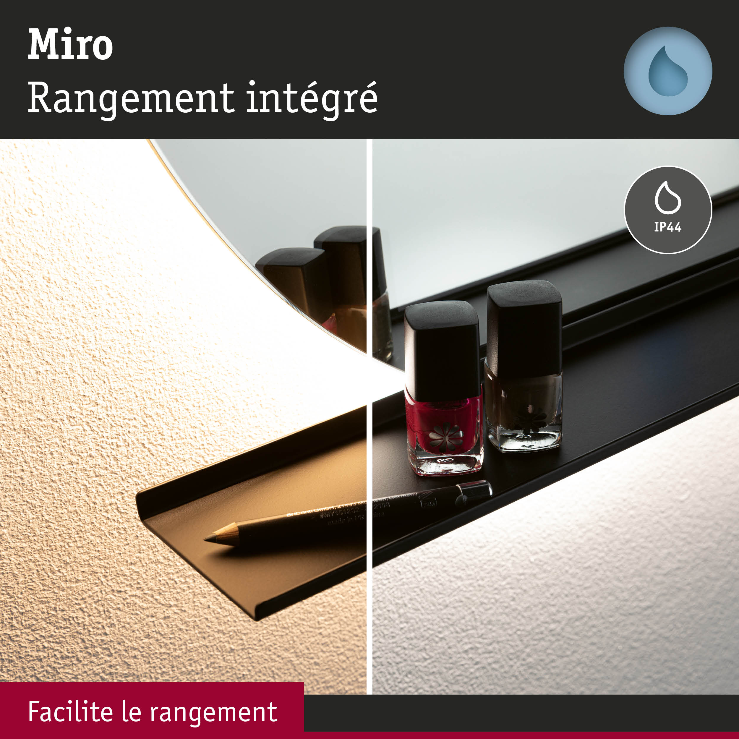 Étagère noire Miro avec rangement intégré pour cosmétiques et crayons sur mur texturé